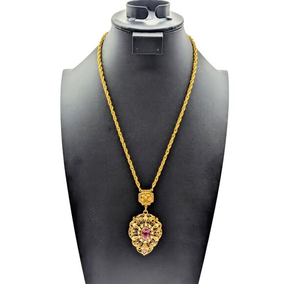 VTG 60's Gold Tone Faux Pearl Amethyst Color Rhinestone Pendant 22" Necklace - Picture 1 of 6